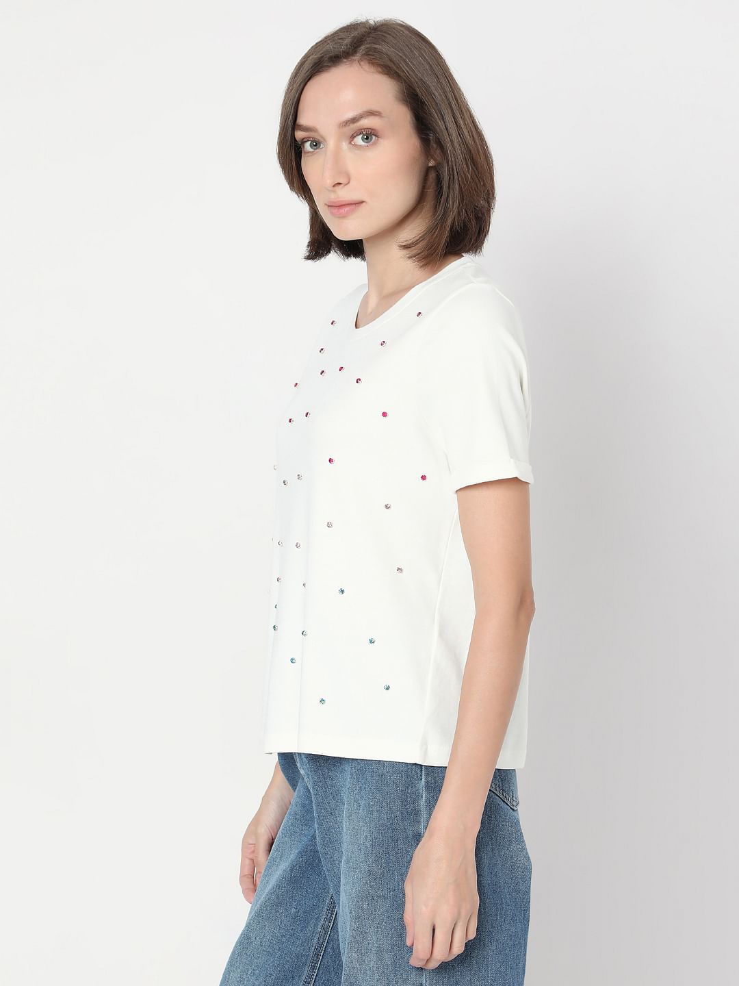 White Detail Rhinestone T-Shirt