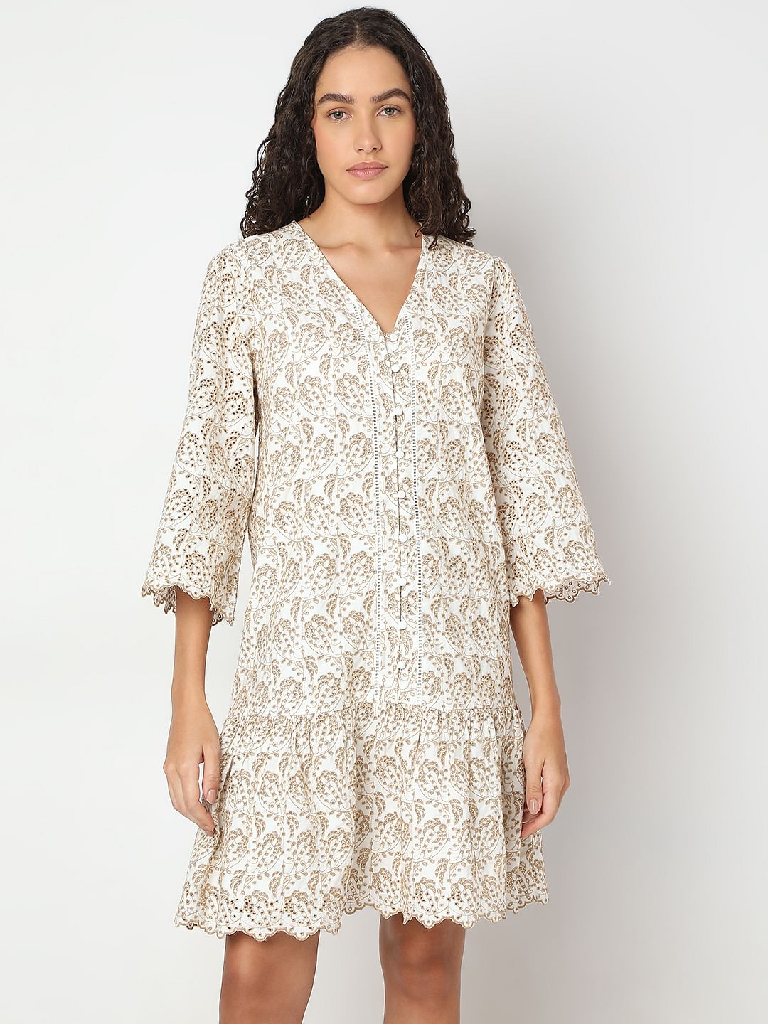 Beige Printed Short Dress