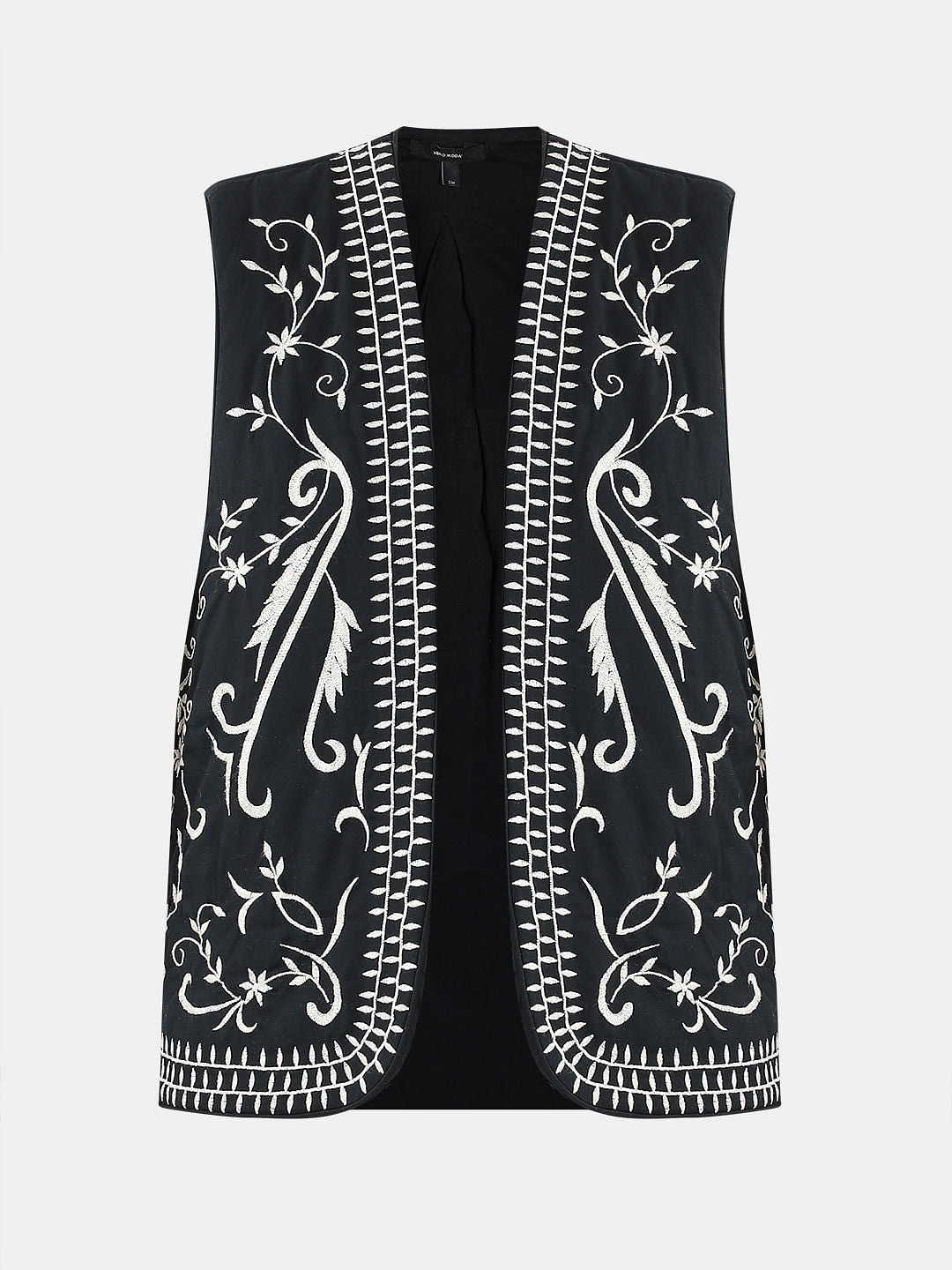 Black Floral Embroidered Sleeveless Jacket