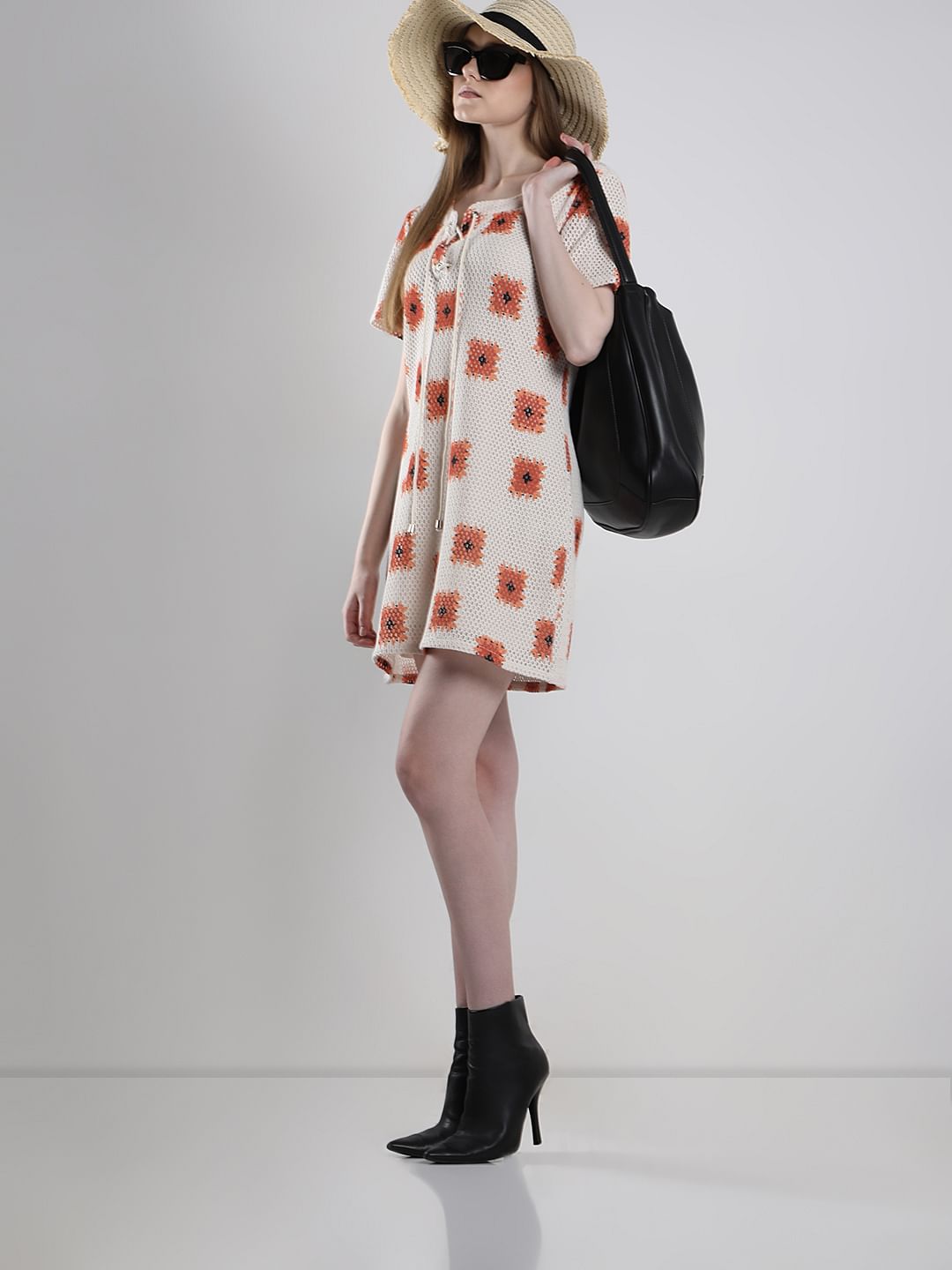 Beige Printed Crochet Dress