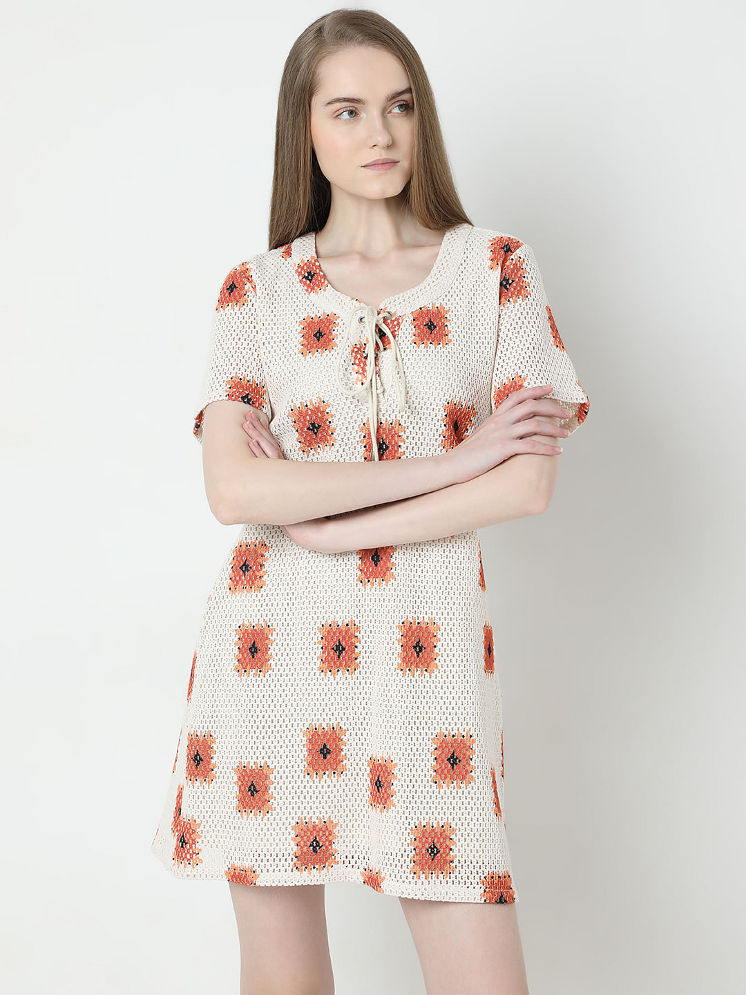 Beige Printed Crochet Dress