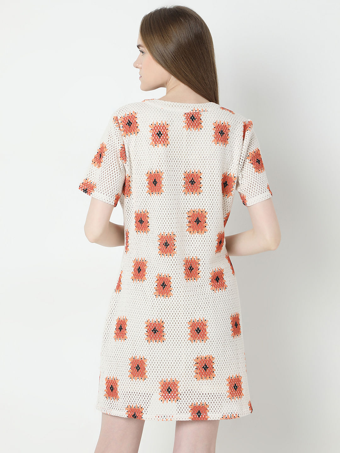 Beige Printed Crochet Dress