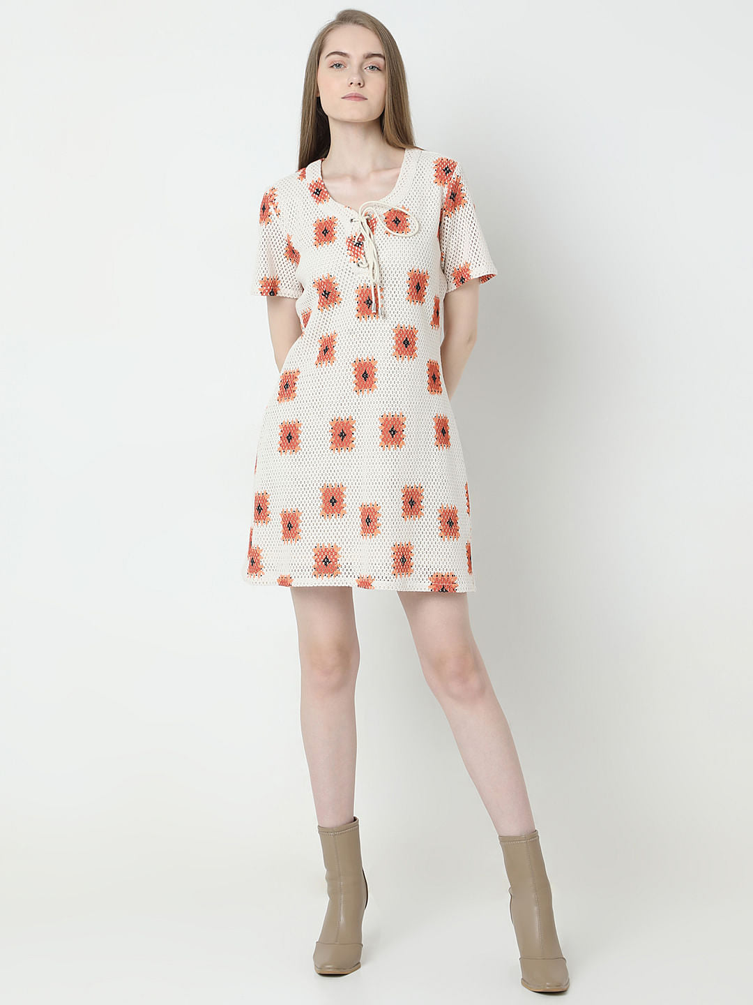 Beige Printed Crochet Dress