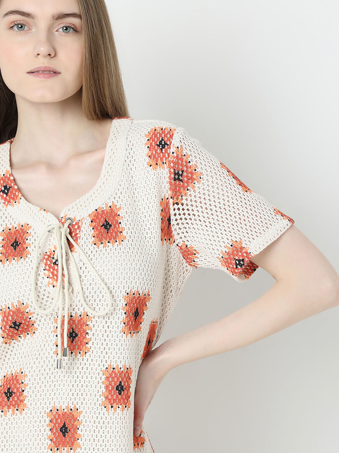 Beige Printed Crochet Dress