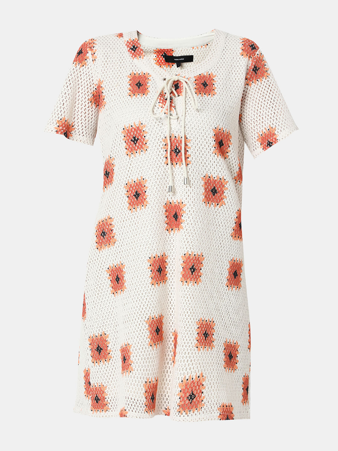 Beige Printed Crochet Dress