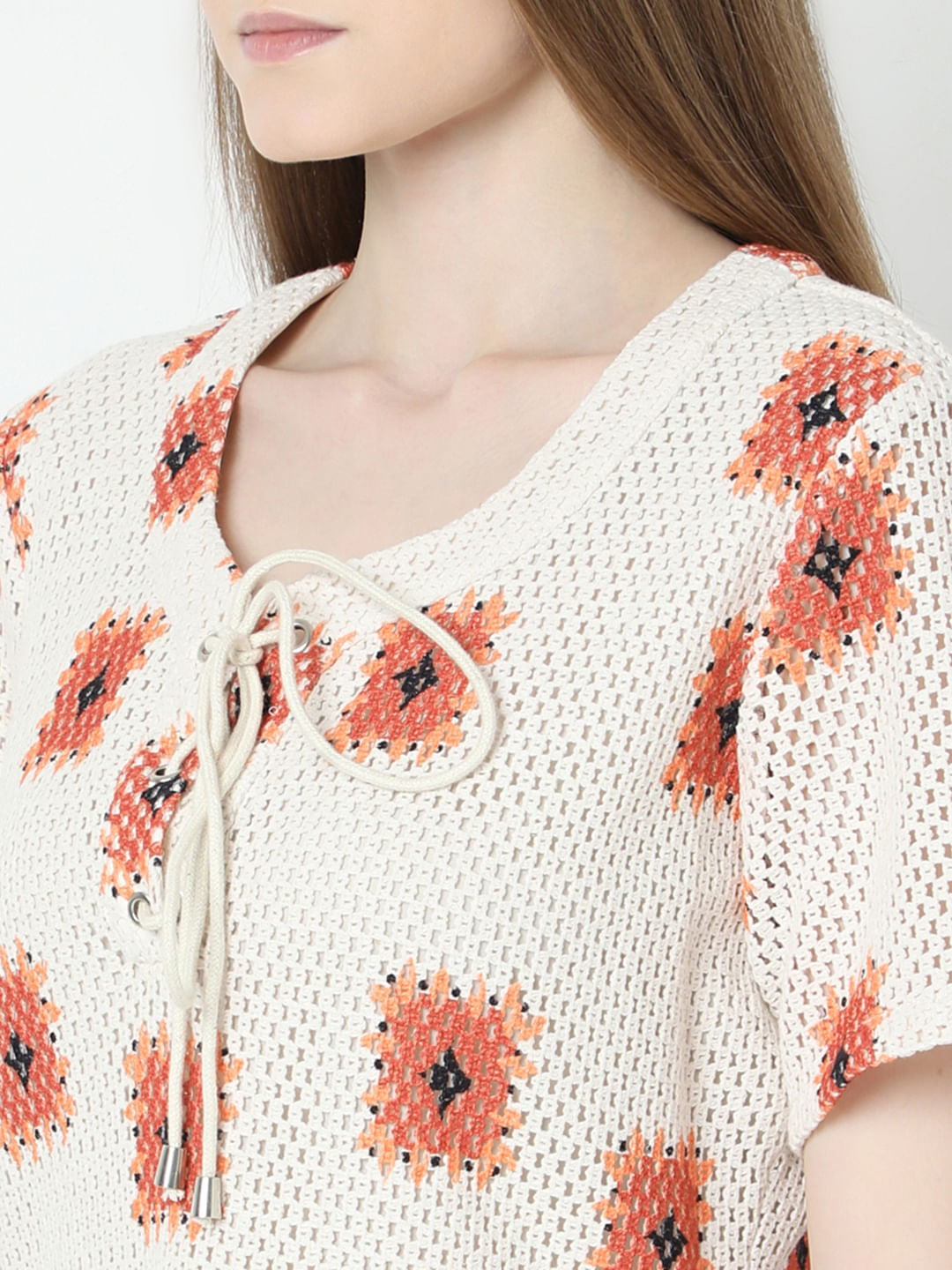 Beige Printed Crochet Dress