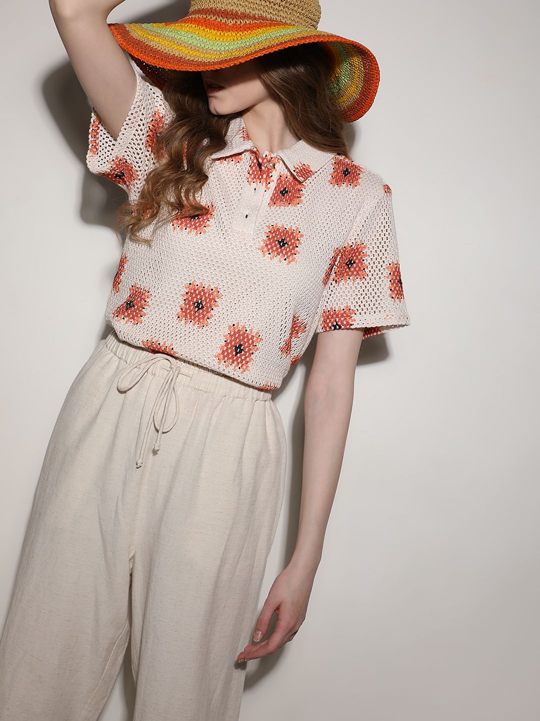 Beige Printed Crochet Polo