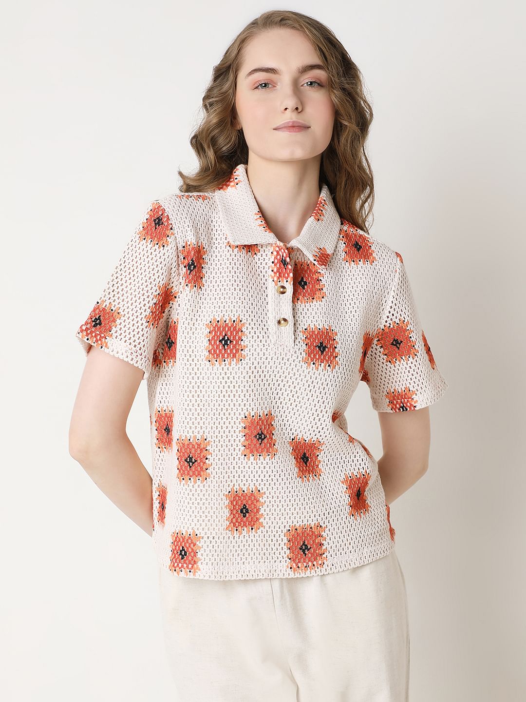 Beige Printed Crochet Polo
