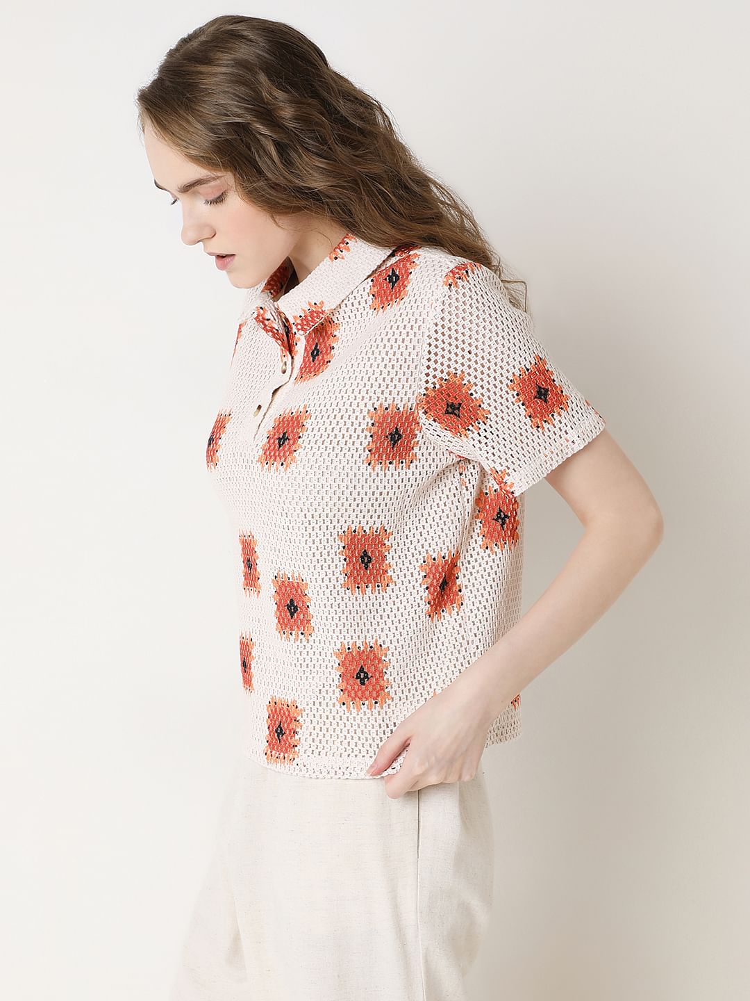 Beige Printed Crochet Polo