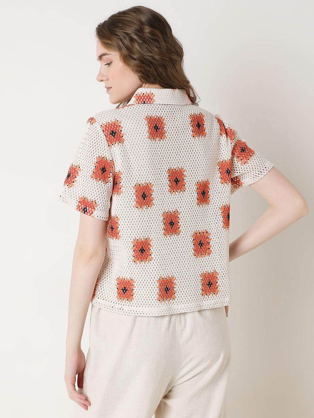 Beige Printed Crochet Polo