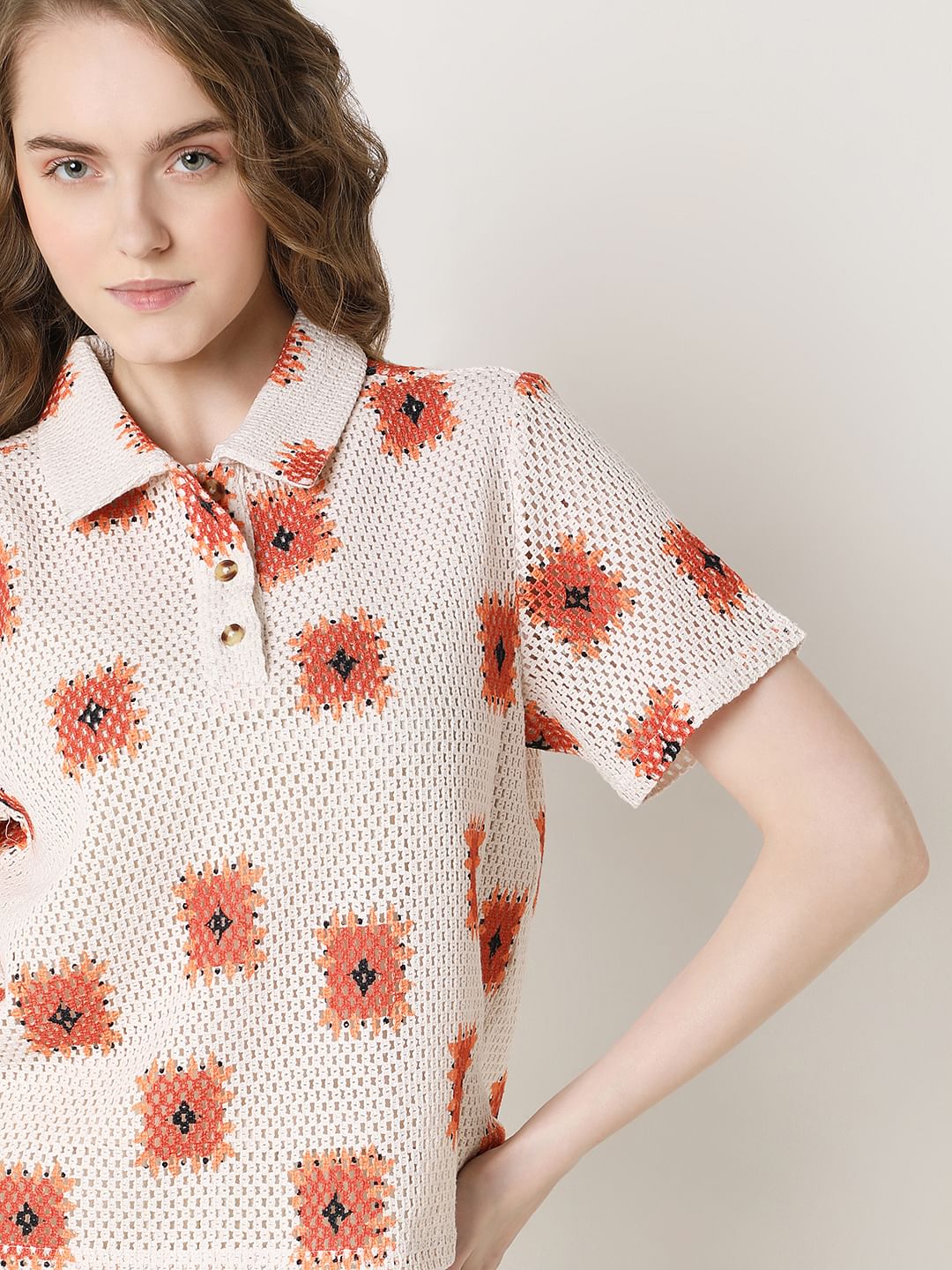 Beige Printed Crochet Polo