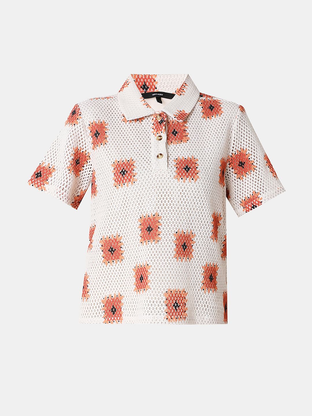 Beige Printed Crochet Polo