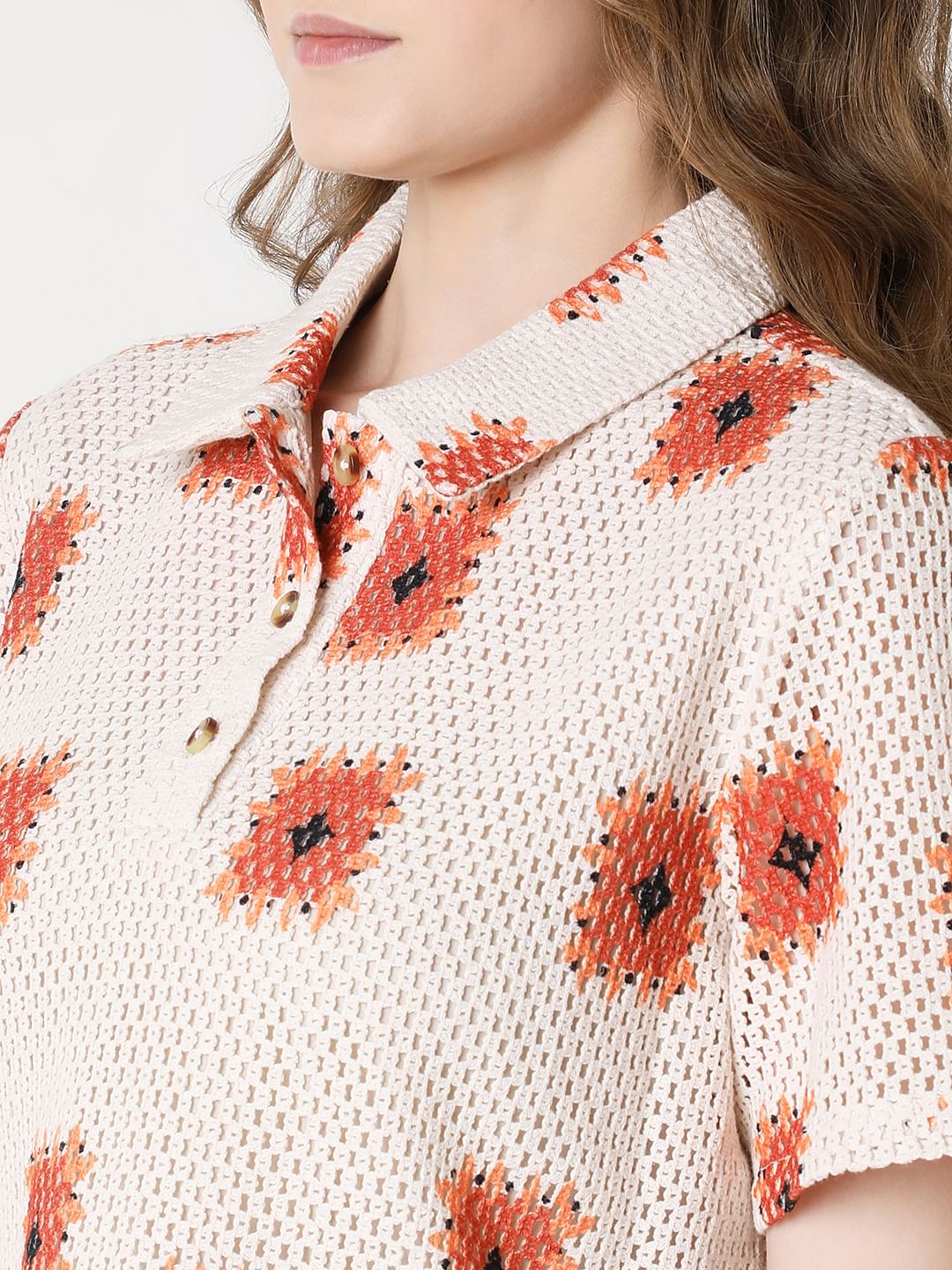 Beige Printed Crochet Polo