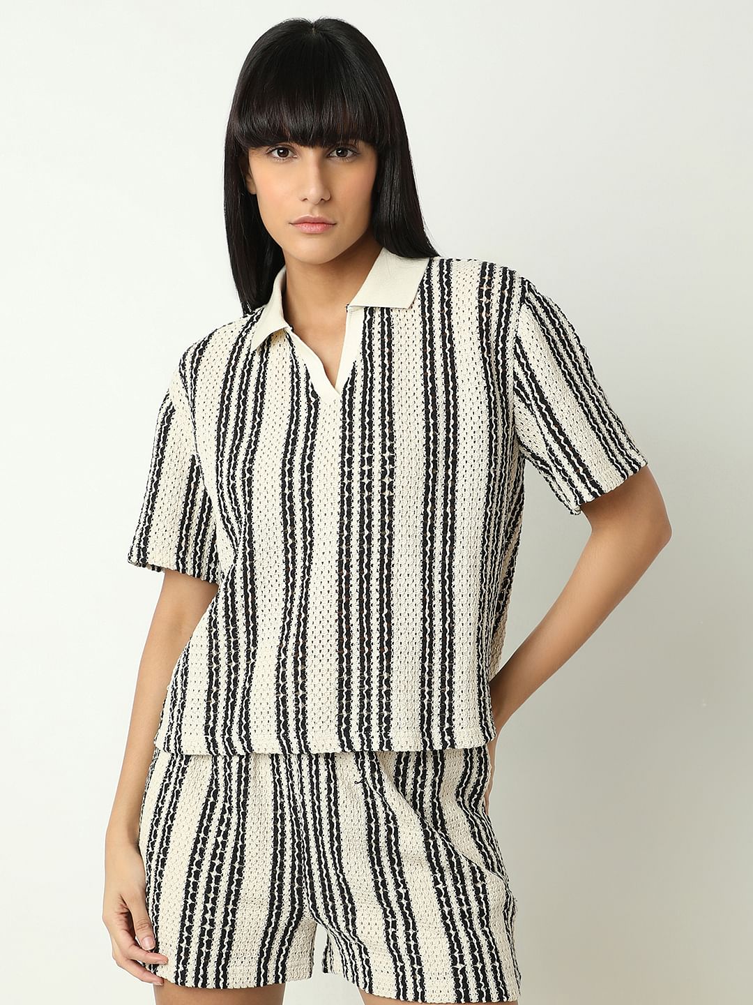 Beige Vertical Stripe Co-Ord Set T-Shirt