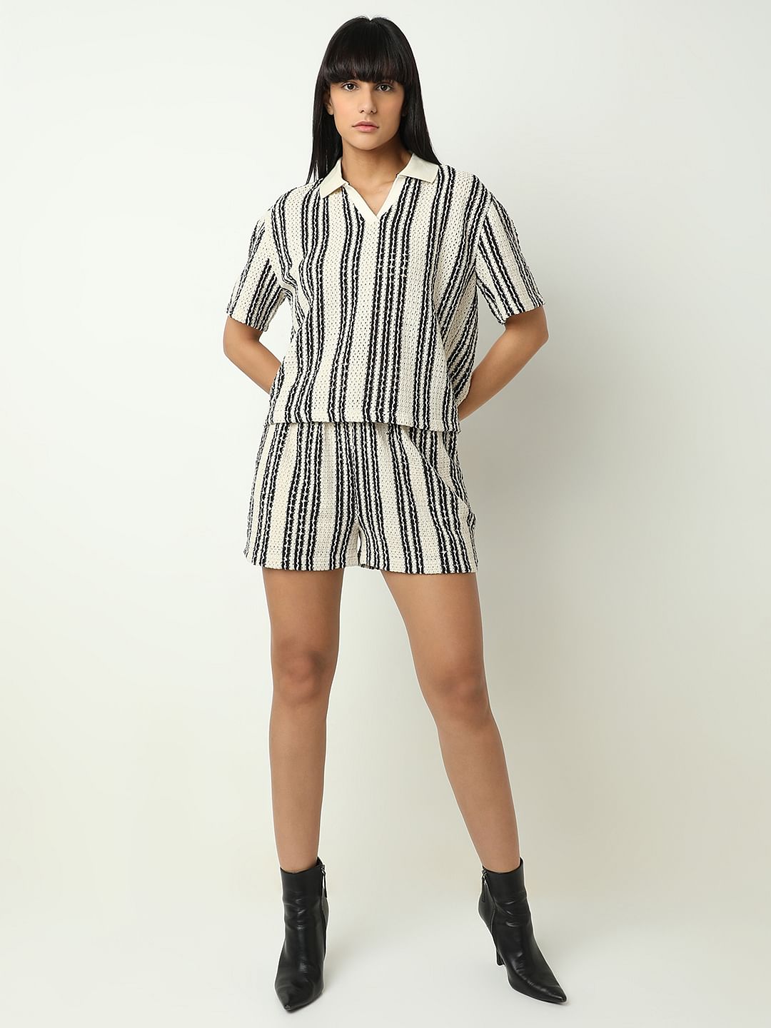 Beige Vertical Stripe Co-Ord Set T-Shirt
