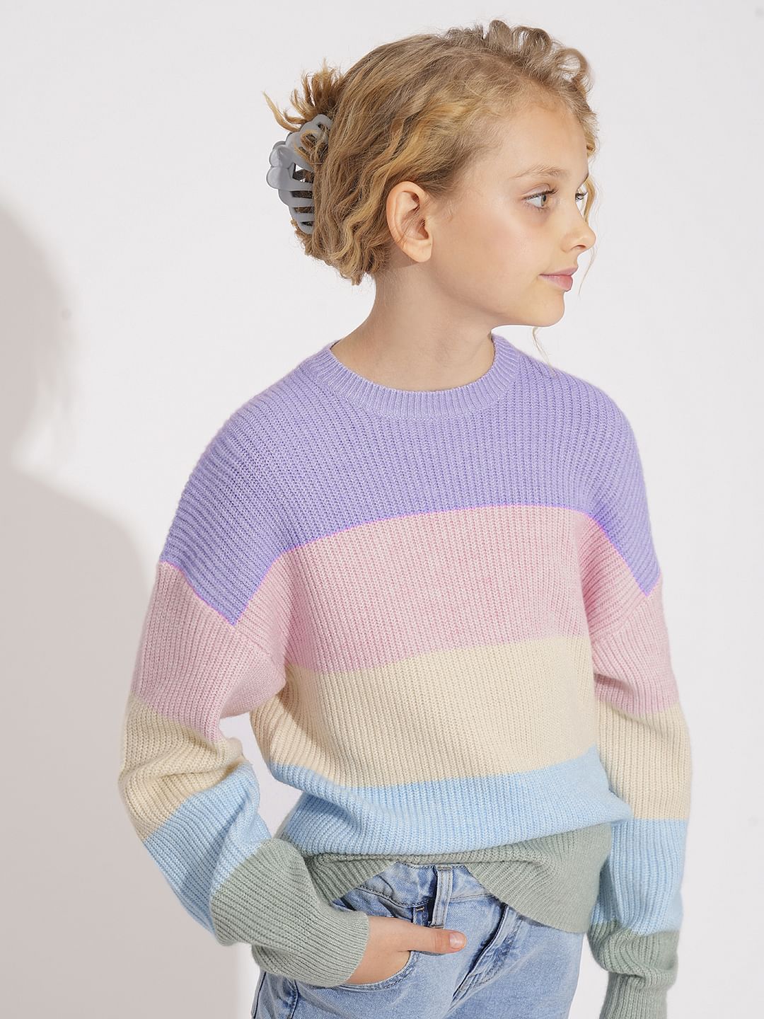 Girls Lavender Colourblocked Pullover
