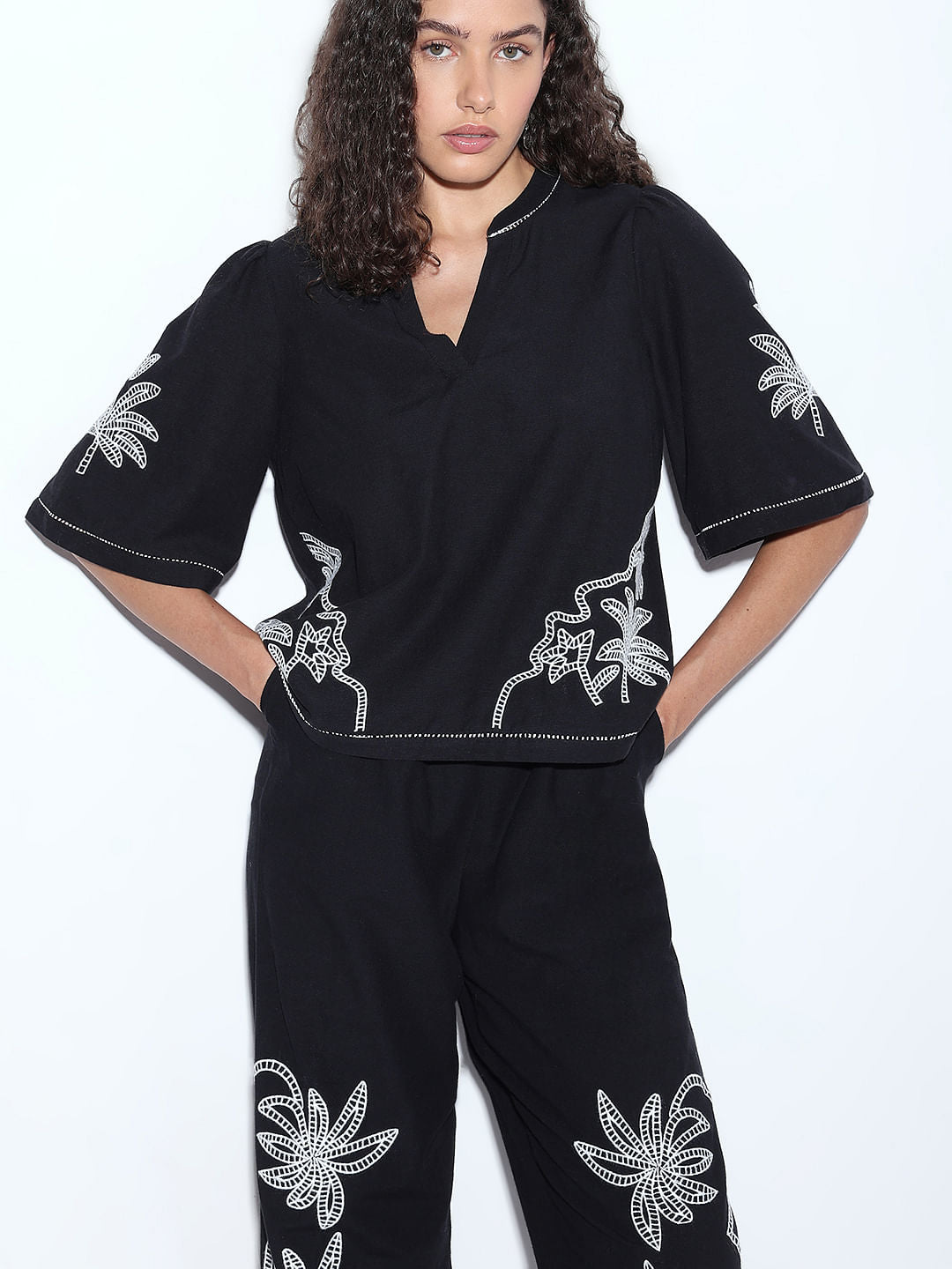 Black Embroidered Co-Ord Set Top