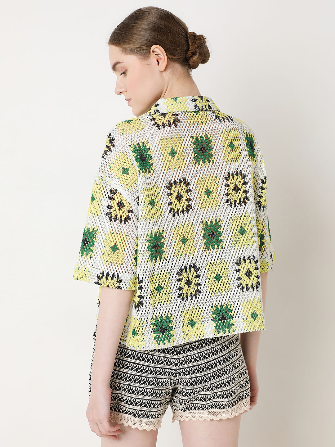 Beige Abstract Print Crochet Shirt