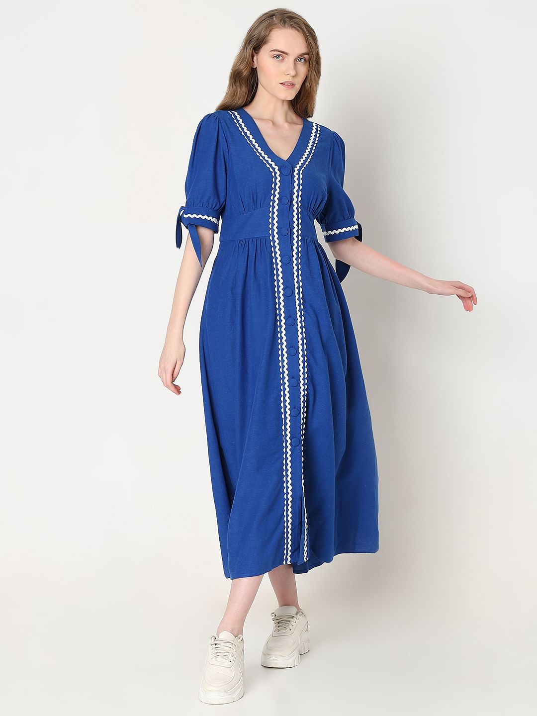 Blue Contrast Lace Detail Midi Dress
