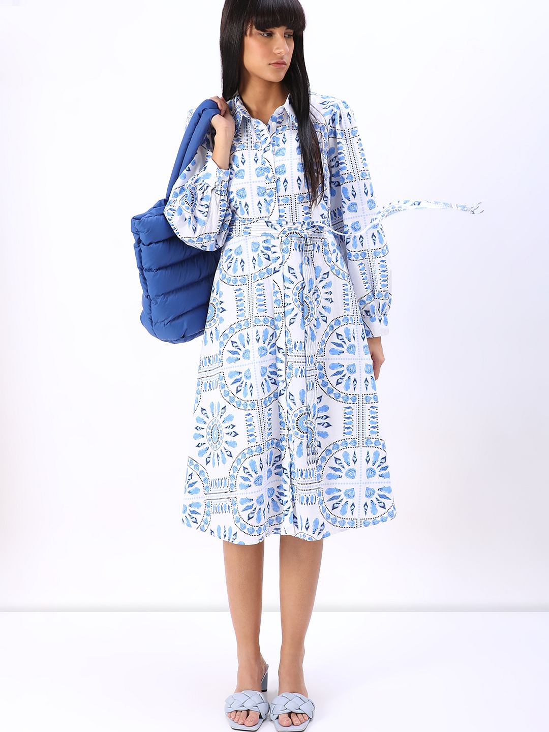 White & Blue Printed Shirt Dress