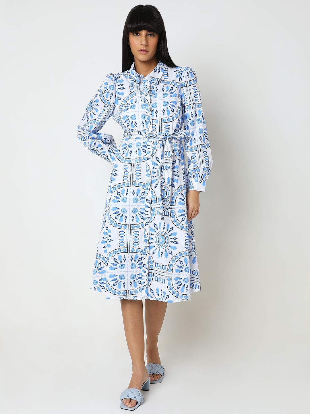 White & Blue Printed Shirt Dress
