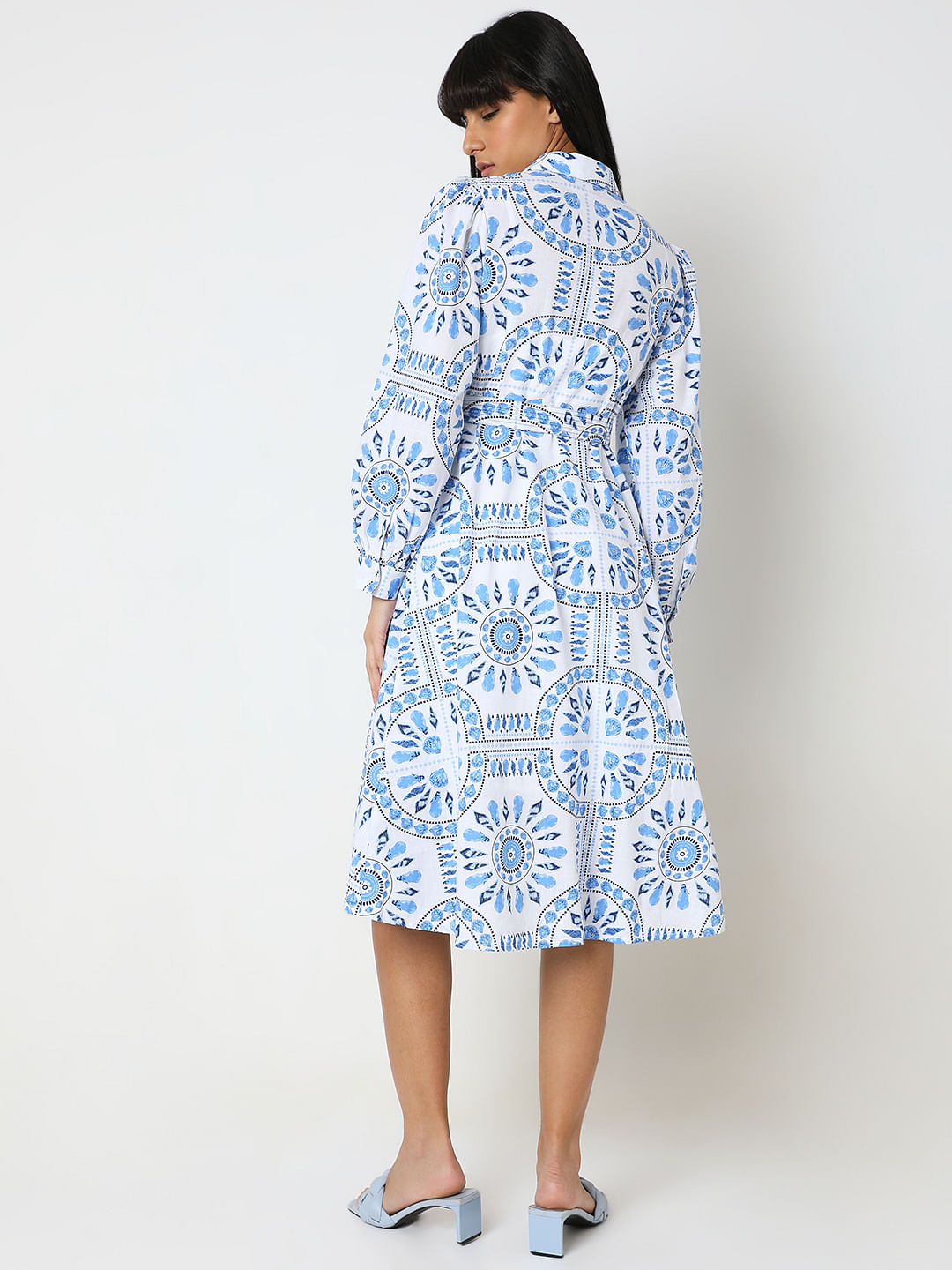 White & Blue Printed Shirt Dress