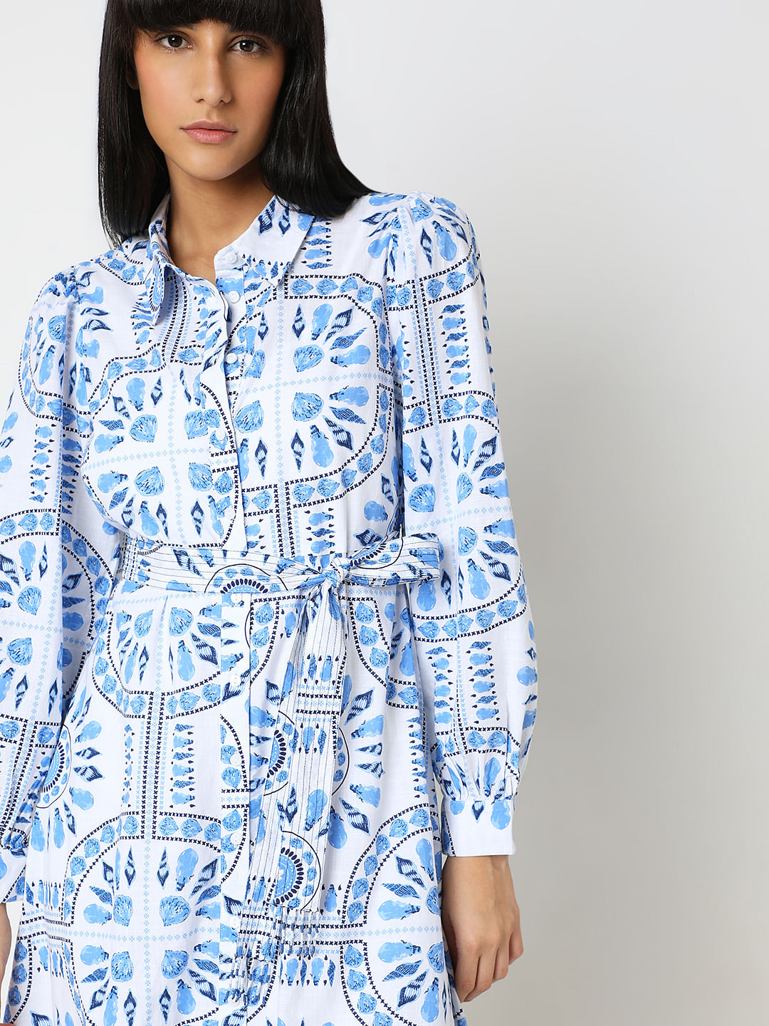 White & Blue Printed Shirt Dress