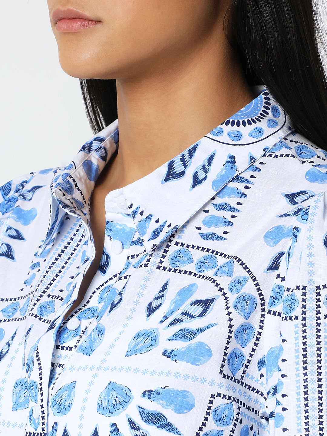White & Blue Printed Shirt Dress