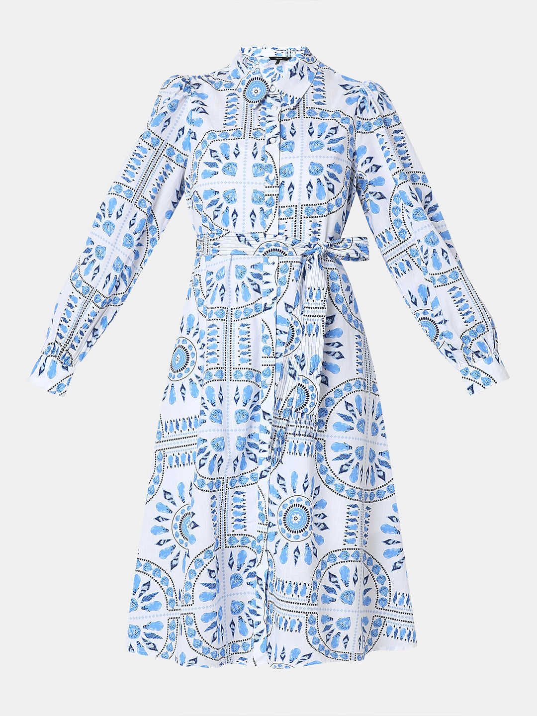 White & Blue Printed Shirt Dress