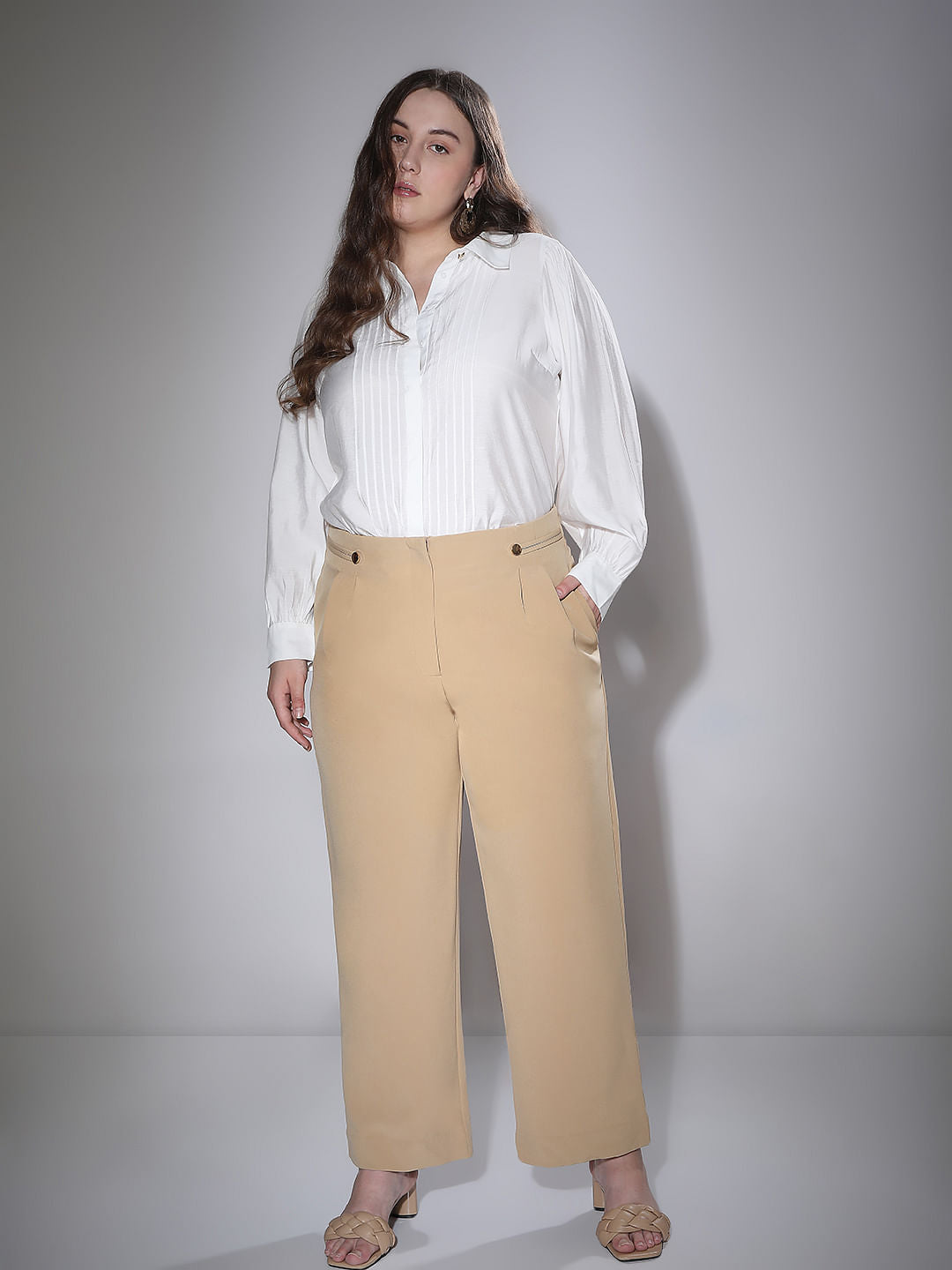 Curve Beige High Rise Straight Fit Pants