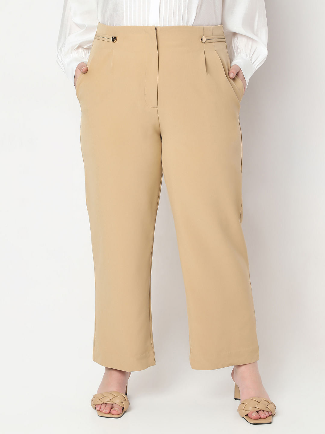 Curve Beige High Rise Straight Fit Pants