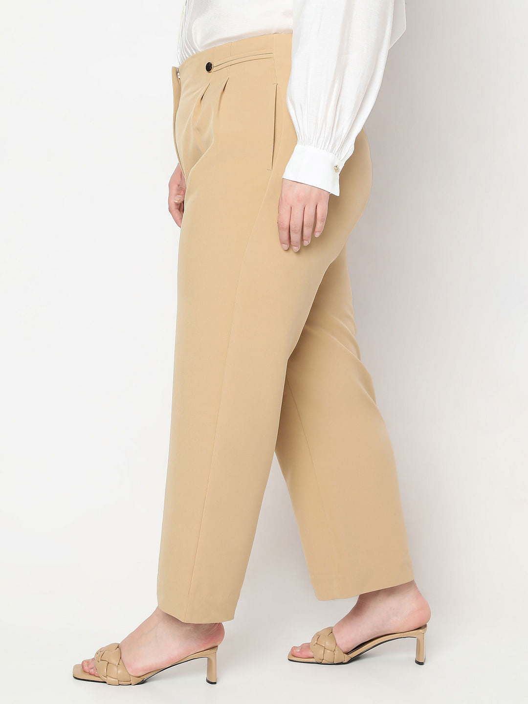 Curve Beige High Rise Straight Fit Pants