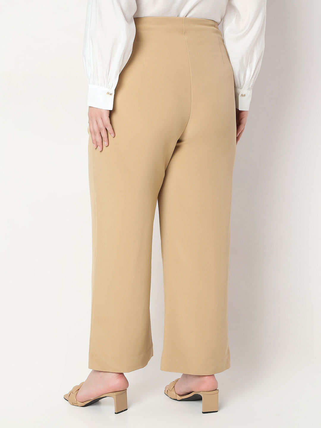 Curve Beige High Rise Straight Fit Pants