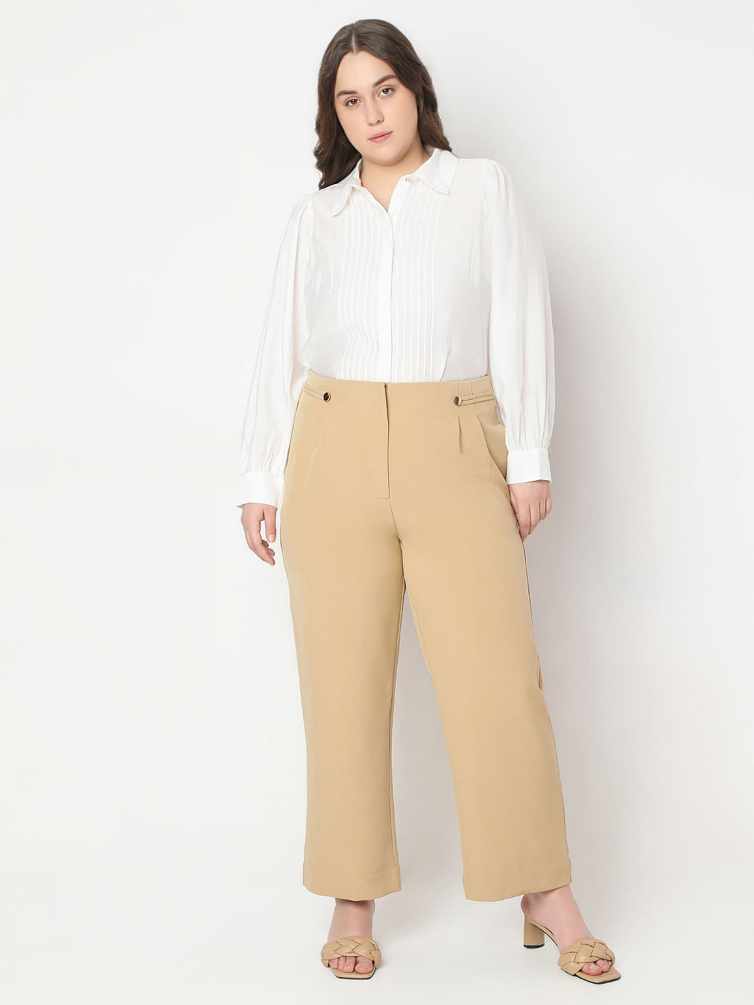 Curve Beige High Rise Straight Fit Pants