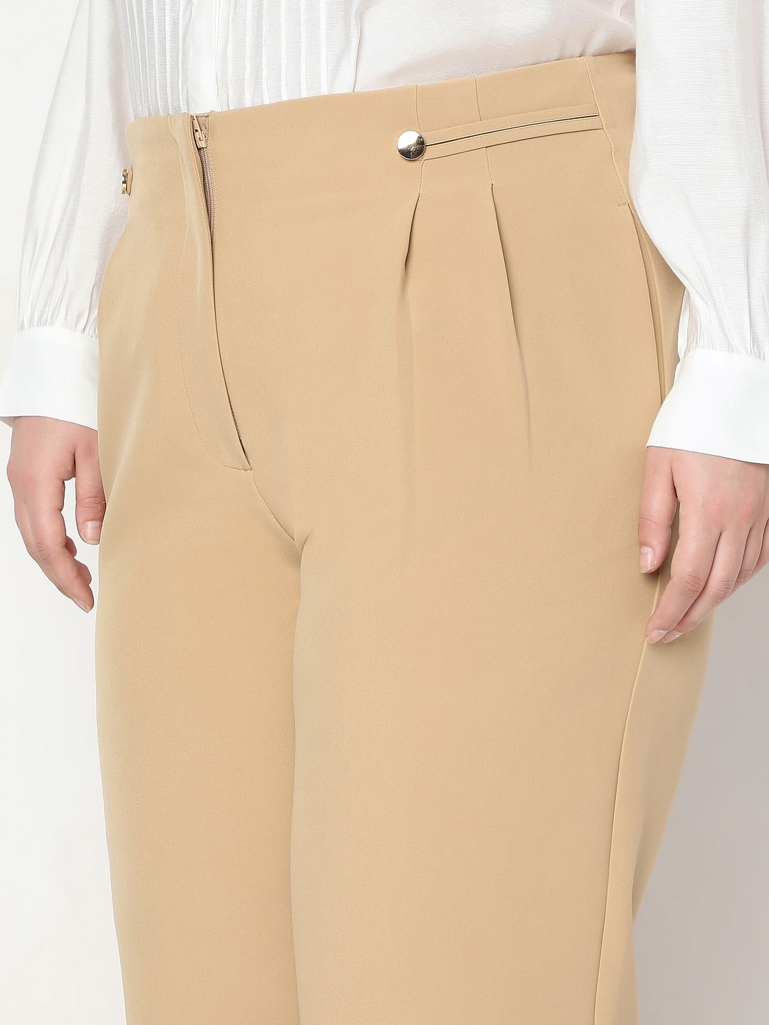 Curve Beige High Rise Straight Fit Pants