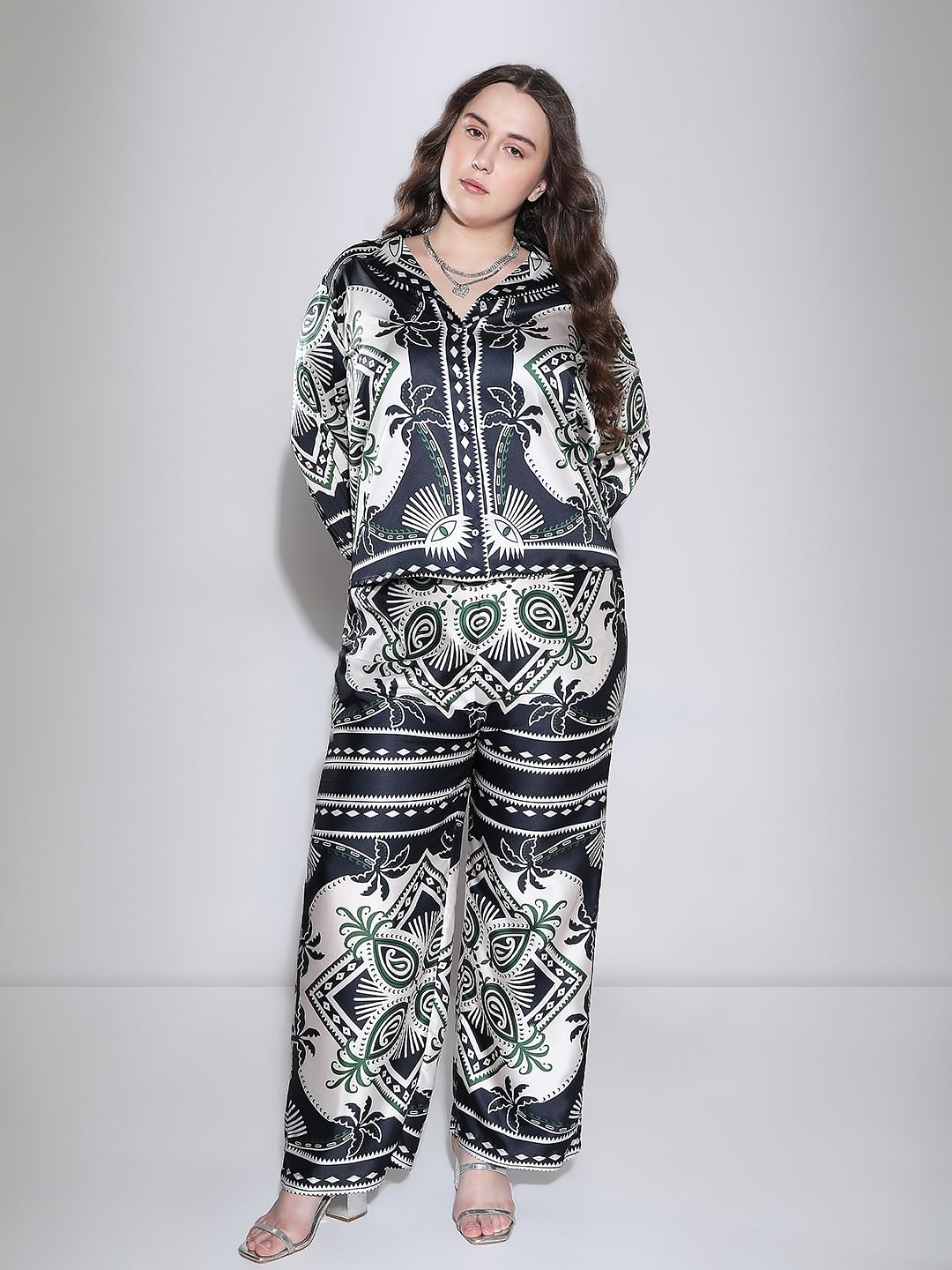 Curve Black Printed Co-Ord Set Pants