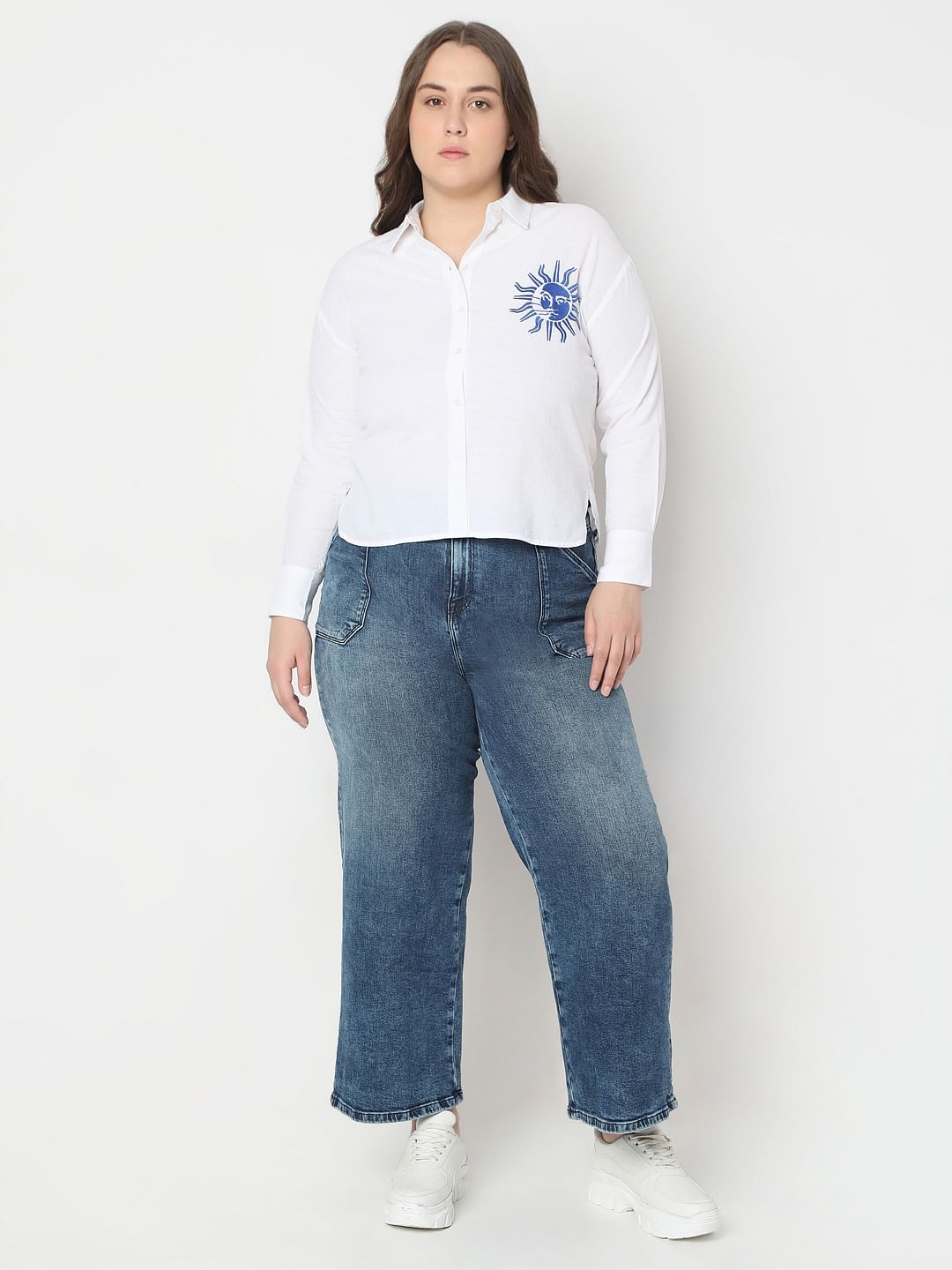 Curve White Embroidered Print Cotton Shirt
