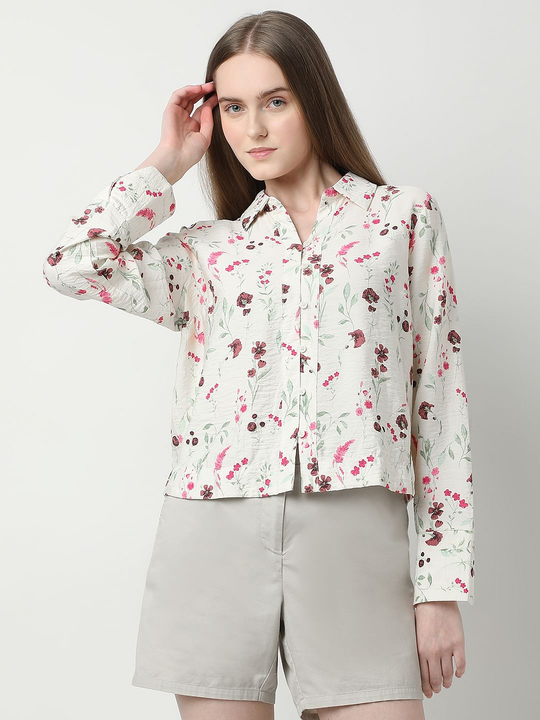 Beige Floral Print Shirt