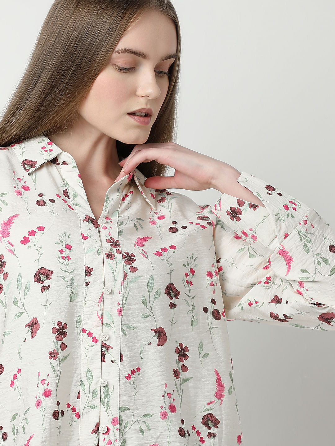 Beige Floral Print Shirt