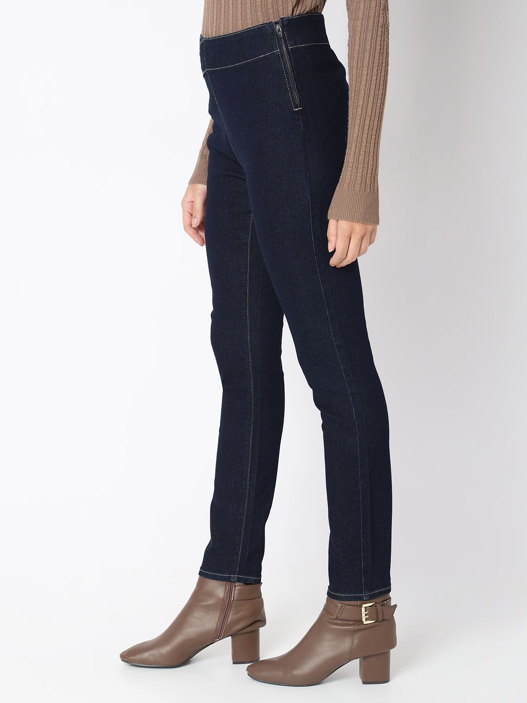 Dark Blue Cross Waist Skinny Jeans