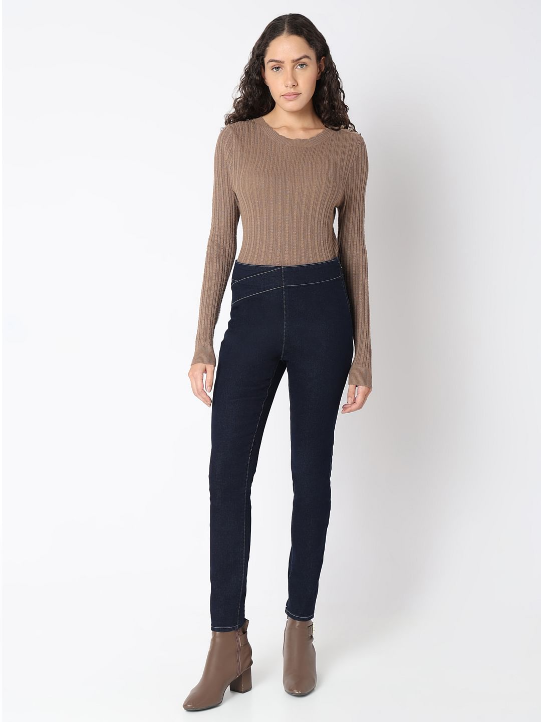 Dark Blue Cross Waist Skinny Jeans