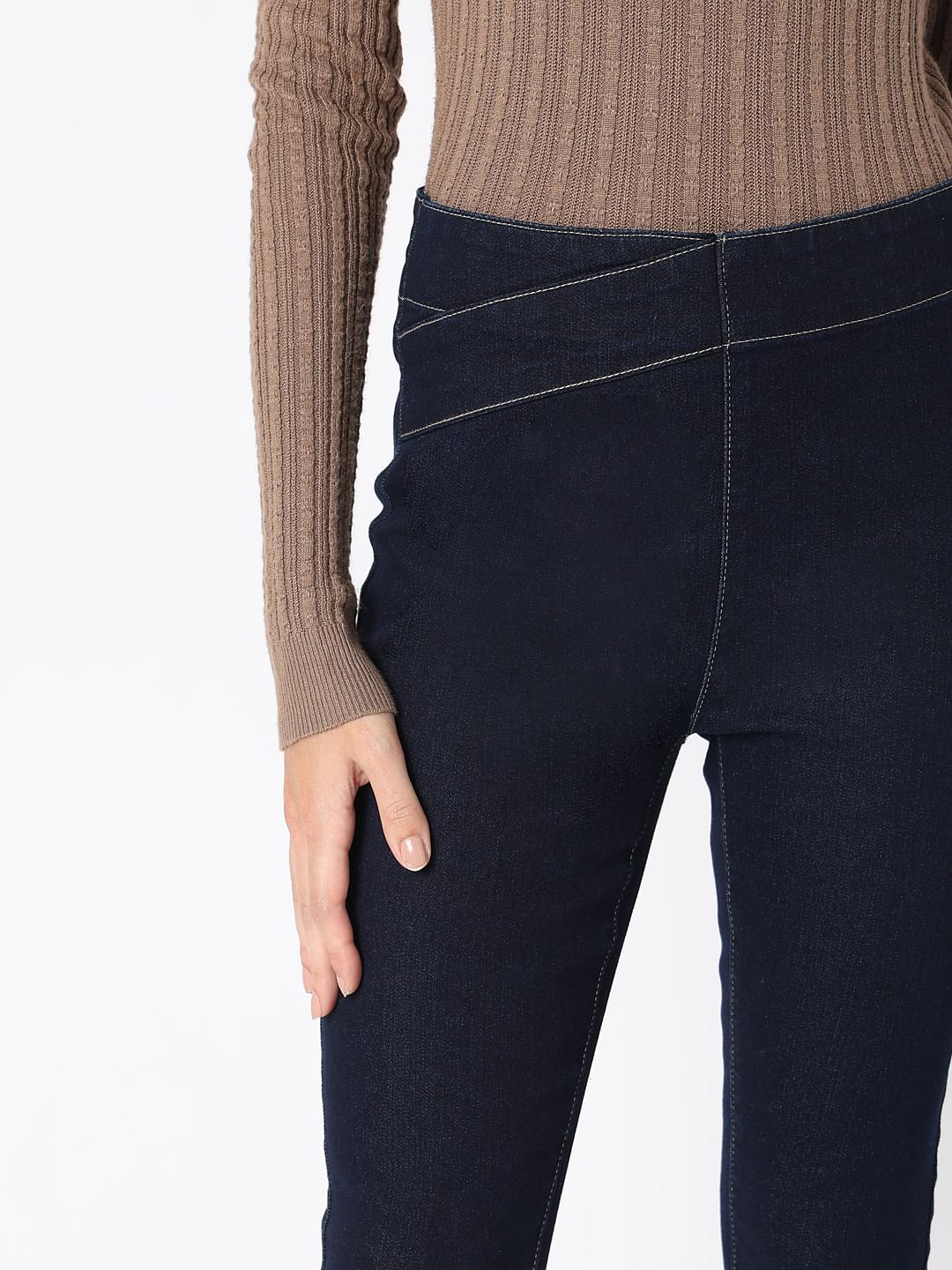 Dark Blue Cross Waist Skinny Jeans