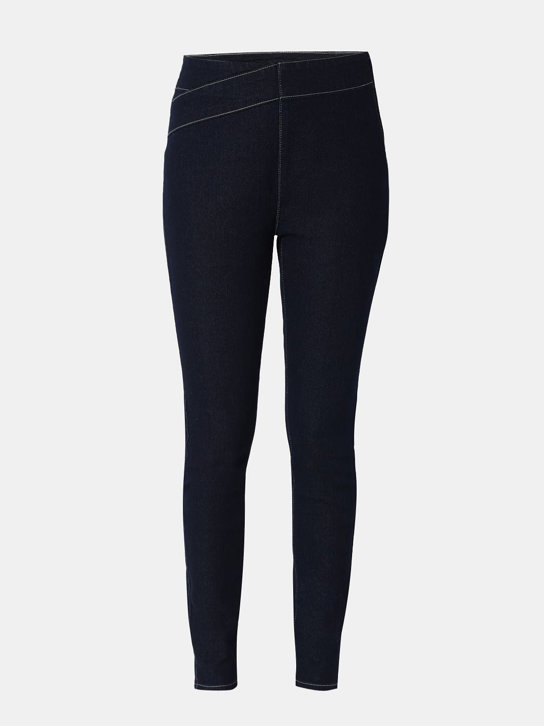 Dark Blue Cross Waist Skinny Jeans