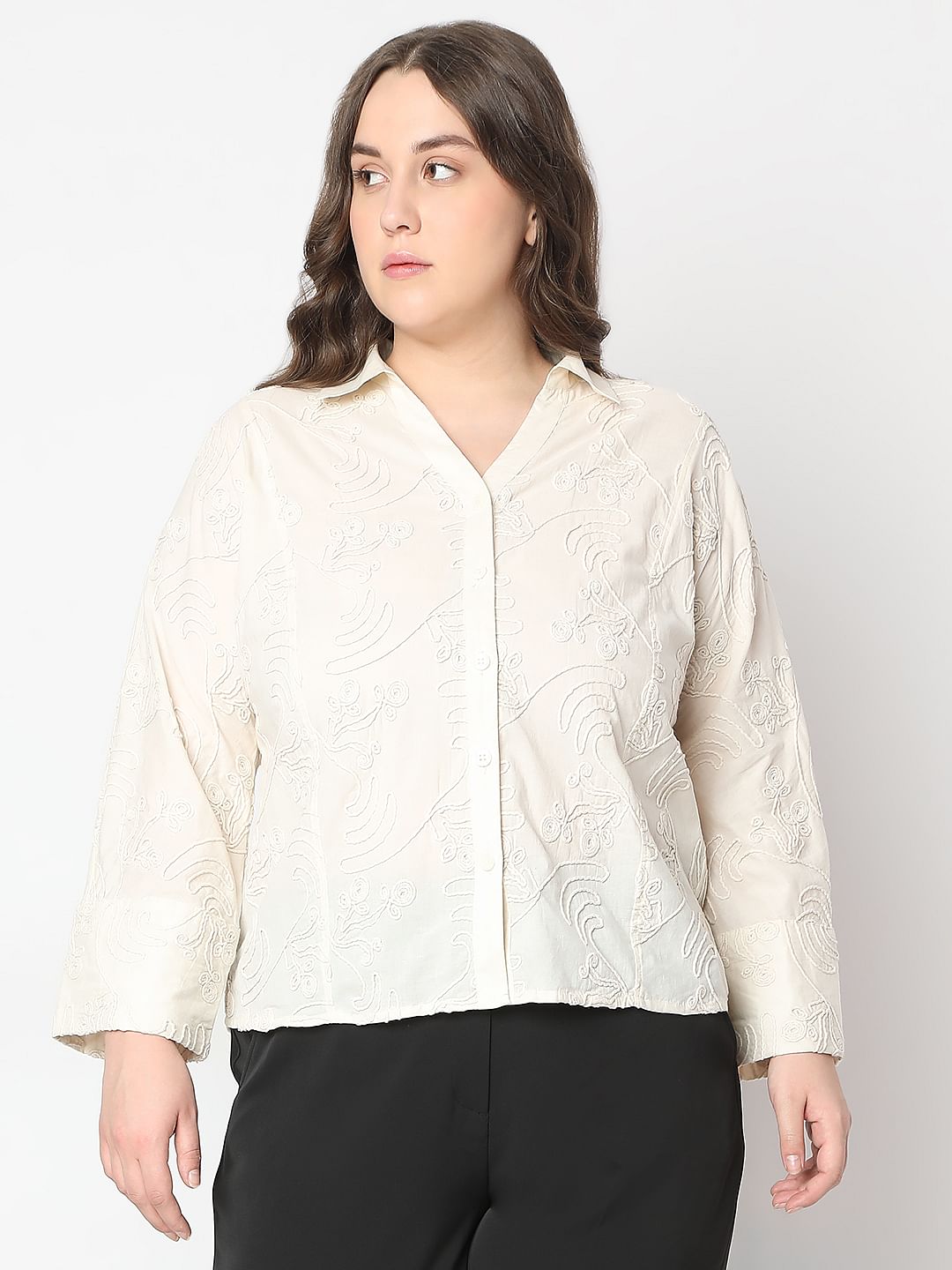 Curve Off-White Cording Detail Cotton Shirt