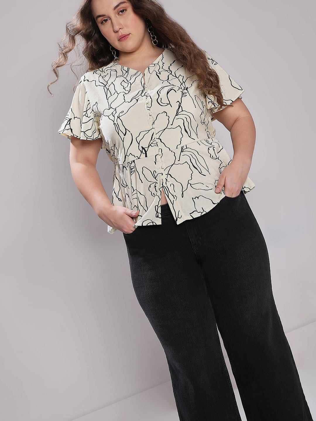 Curve Off-White Printed Peplum Top