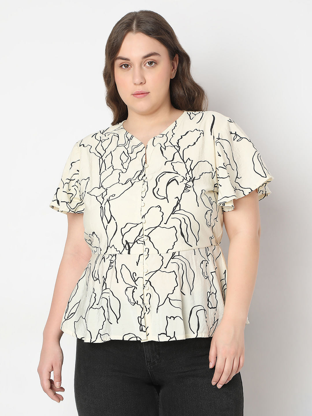 Curve Off-White Printed Peplum Top