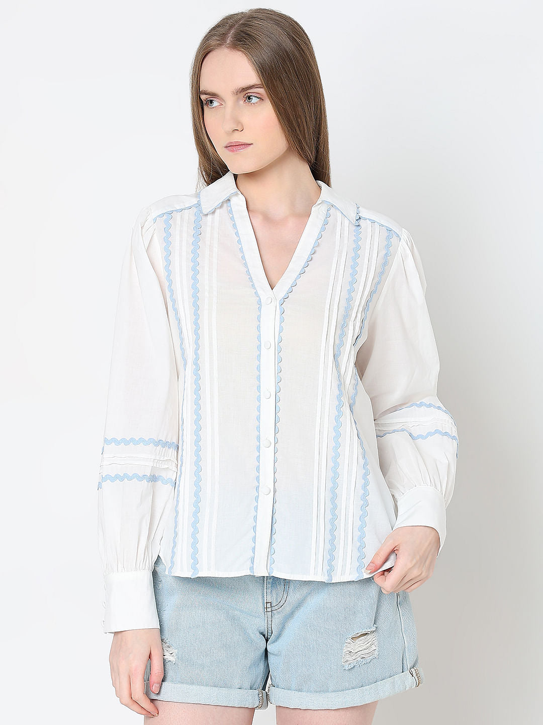 White Contrast Lace Cotton Shirt
