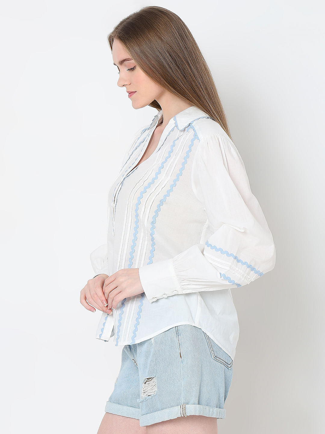White Contrast Lace Cotton Shirt