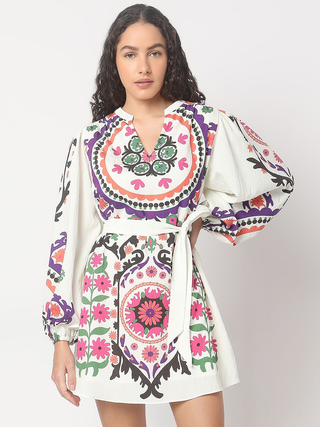 Beige Floral Print Short Dress