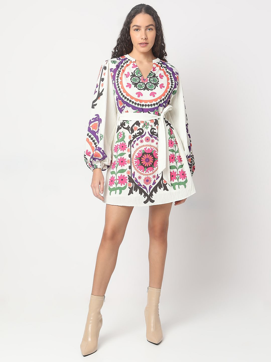 Beige Floral Print Short Dress